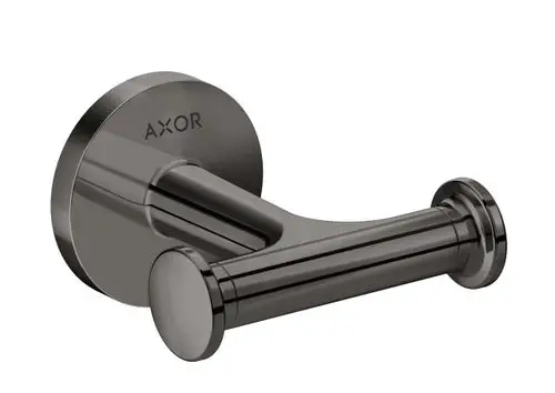 Handtuchhaken in Polished Black Chrome von AXOR. Das Design ist schlicht mit einer runden Wandplatte und einem doppelten Haken für Handtücher.
